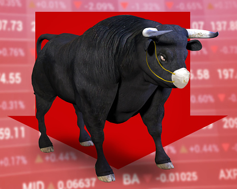 Concept of a falling stock market due to the effects of the corona virus, wall street bull wearing a protective mask, 3d render.