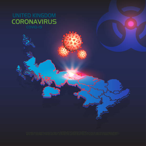 istock Coronavirus in United Kingdom. Isometric map UK with regions country. Hologram 3D molecules of coronavirus bacteria COVID-2019 on a blue futuristic background with biohazard sign. Coronavirus outbreak 1211932910
