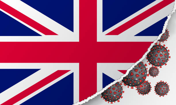 Flag of United Kingdom with outbreak deadly coronavirus covid-19. Banner with the spread of Coronavirus 2019-nCoV virus strain. A large coronavirus bacteriums against background of the national flag. Flag of United Kingdom with outbreak deadly coronavirus covid-19. Banner with the spread of Coronavirus 2019-nCoV virus strain. A large coronavirus bacteriums against background of the national flag 3d uk map stock illustrations