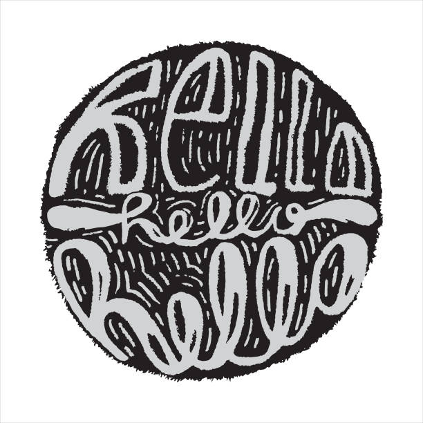 ilustrações de stock, clip art, desenhos animados e ícones de hand drawing monochrome vector lettering - hello. vector phrase for prints, greeting posters, postcards, banners, holiday cards. white isolated background. light gray letters in black circle. - line art welcome sign white black