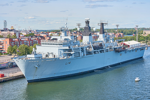 FINLAND, HELSINKI - JULY 10, 2019:                                     warship stands at the pier in the port of Helsinki