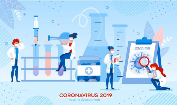 Coronavirus Vaccine Research Development in Lab Coronavirus Vaccine Research and Development in Medical Laboratory Condition. Man Woman Doctor in Uniform Protective Facial Mask Studying Covid19 Virus, Mixing Healing Ingredient in Test Tube Flask coronavirus laboratory stock illustrations