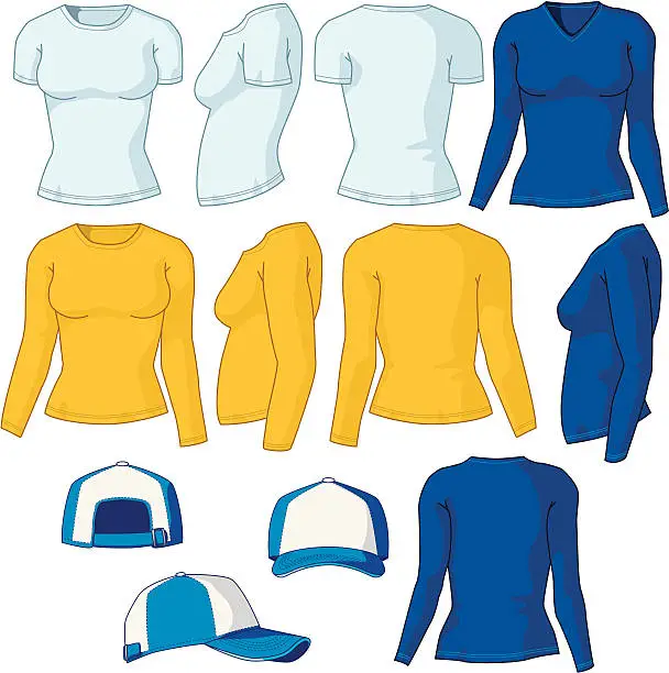 Vector illustration of Various Women Shirts and Baseball Cap