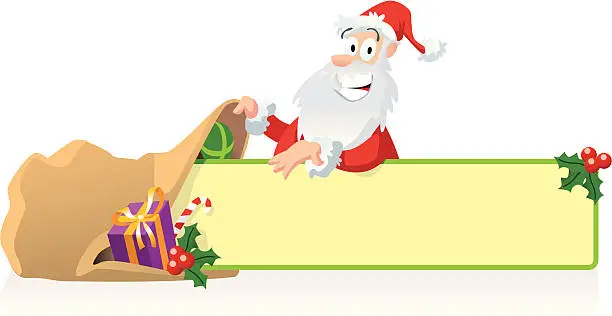 Vector illustration of Santa presenting gifts with banner