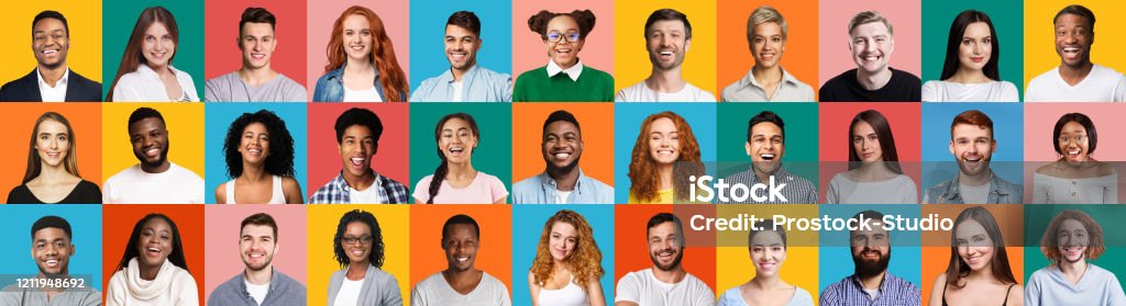 Collage Of Diverse People Portraits On Colorful Backgrounds, Panorama Collage Of Diverse People Portraits With Smiling Millennials, Female And Male Faces On Colorful Backgrounds. Panorama People Stock Photo