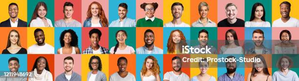 Collage Of Diverse People Portraits On Colorful Backgrounds Panorama Stock Photo - Download Image Now