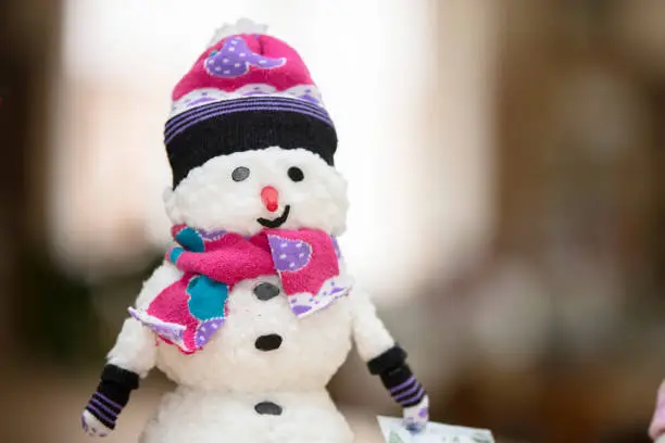 Photo of Funny handmade snowman. Christmas card.