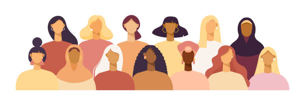 Women Group of women of different nationalities and cultures, skin colors and hairstyles. Society or population, social diversity. Cartoon characters. Vector illustration in flat design, isolated on white only women illustrations stock illustrations