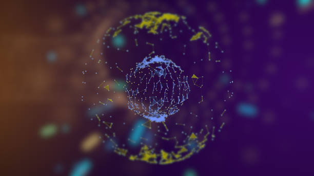istock Plexus network transparent globe dark defocused background with multicolored laser lines floating around. 1211950057