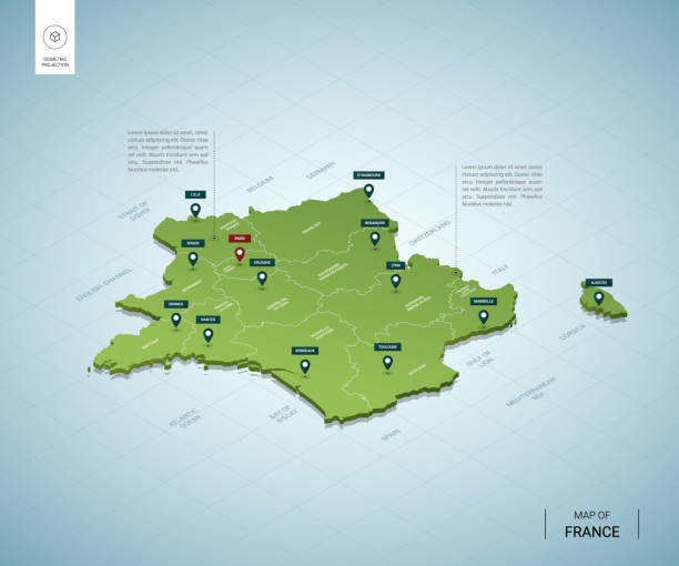 フランスの様式化された地図。都市、国境、首都パリ、地域と等角投影3dグリーンマップ。ベクターの図。編集可能なレイヤーに明確なラベルが付いています。英語。 - capital cities点のイラスト素材／クリップアート素材／マンガ素材／アイコン素材