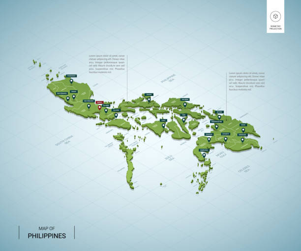 フィリピンの様式化された地図。都市、国境、首都マニラ、地域との等角投影3dグリーンマップ。ベクターの図。編集可能なレイヤーに明確なラベルが付いています。英語。 - philippines map点のイラスト素材／クリップアート素材／マンガ素材／アイコン素材