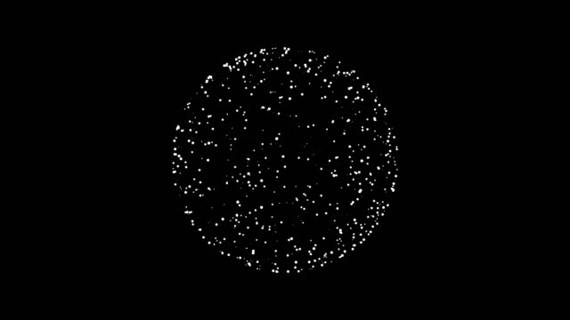 Minimalistic sphere of white round particles rotating on black background.