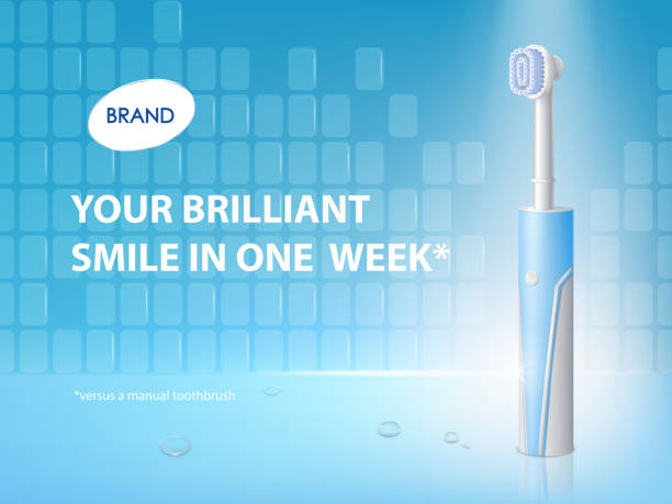 Vector 3d realistic toothbrush on ad poster Vector 3d realistic toothbrush on ad poster. Promo banner with hygiene product. Dentist equipment, modern electric technology with ultrasound. Fiber setae, bristles and gum. Oral cleaning, prophylaxis seta stock illustrations