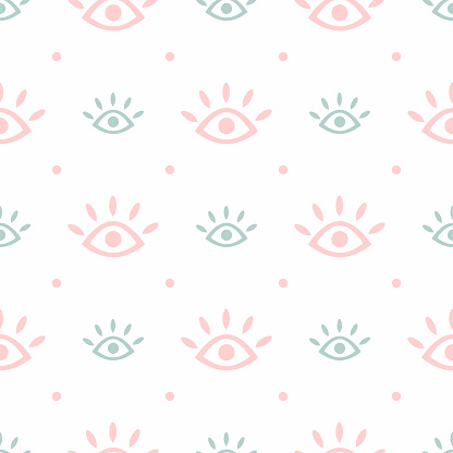 Cute seamless pattern with repeating eyes and polka dots. Modern trendy print. Simple vector illustration.