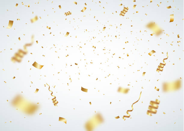 ilustrações de stock, clip art, desenhos animados e ícones de confetti overlays. gold confetti party celebration background with ribbons and particles. - colors streamer backgrounds congratulating