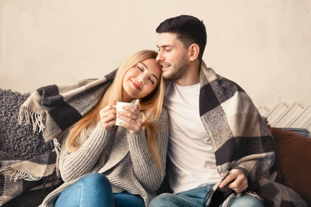 istock Happy young guy embracing his girlfriend under warm plaid at home 1211955760
