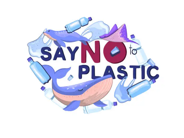 Vector illustration of Vector eco illustration “Say no to Plastic” with whale, bottle, seal and lettering. Flat cartoon colorful design element.