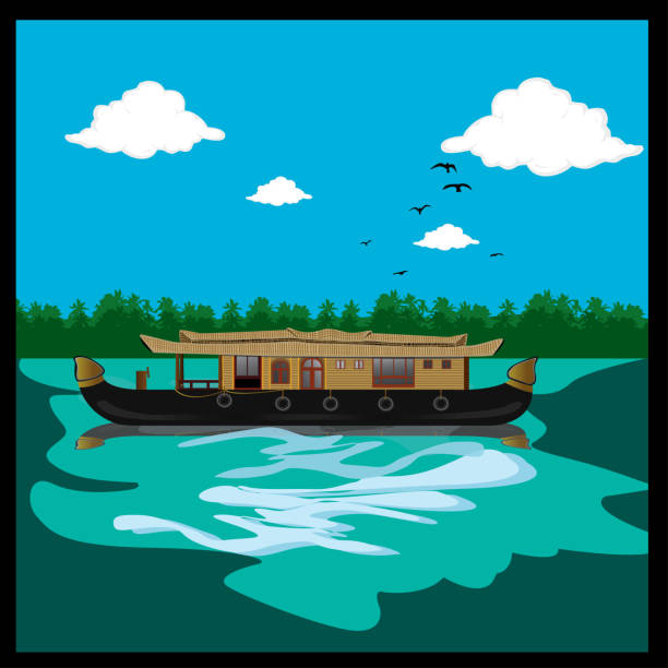 illustrations, cliparts, dessins animés et icônes de maison de bateau de kerala dans l’arrière-eau avec des cocotiers - poule naine