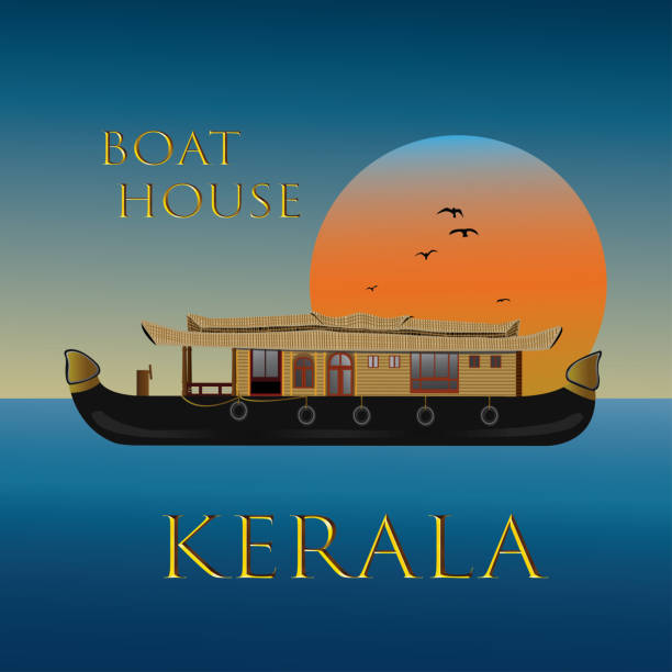 illustrations, cliparts, dessins animés et icônes de kerala boat house dans backwater avec fond de coucher du soleil - poule naine