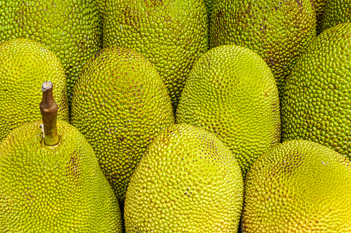 Jackfruit Asia tropical fruit Full frame fruits in line on street market in Kuala Lumpur