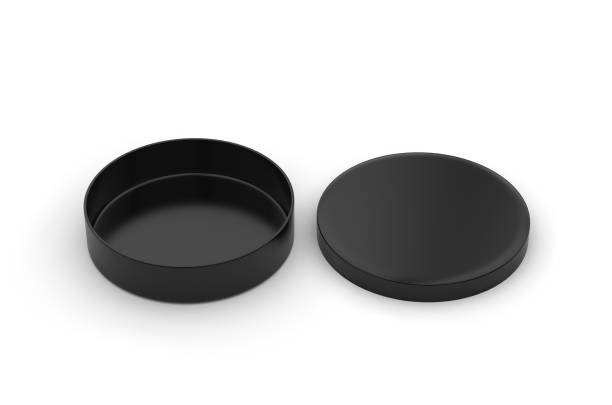 istock Round black cardboard packaging box mock up template on isolated white background, 3d illustration 1211961828