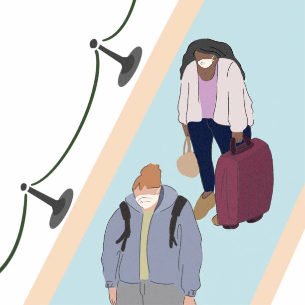 Travelers in an airport and wearing a medical face mask. vector art illustration