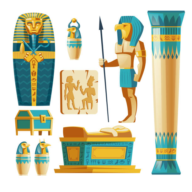 ilustraciones, imágenes clip art, dibujos animados e iconos de stock de conjunto de dibujos animados vectoriales de objetos del antiguo egipto - sarcófago