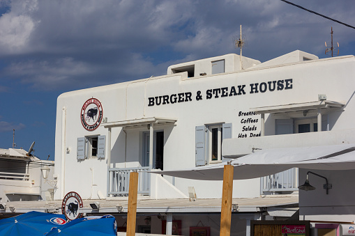 Burger & Steak House in Mykonos Town, Greece, with steakhouse logo visible