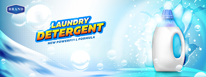 Laundry detergent banner. Blank bottle filled by detergent with water splash and bubbles on bright blue background.