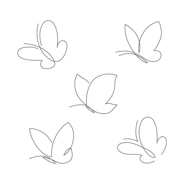 Vector illustration of Butterfly continuous line vector illustration set. Collection of butter fly made with single editable path.