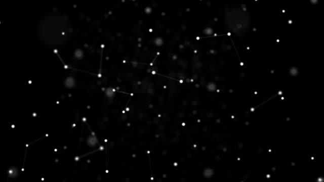 Zoom in through fake white stars, defocused particles and linear connections in black space.