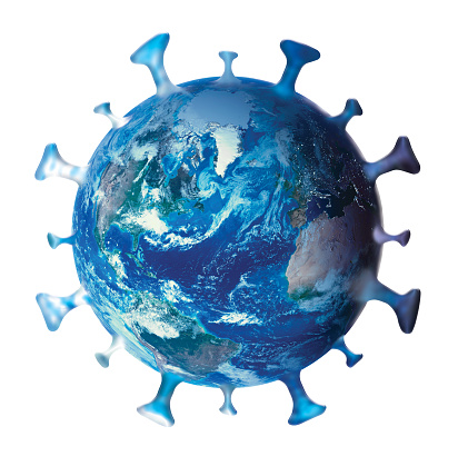 Coronavirus, COVID-19, Símbolo, logotipo, icono, con planeta tierra aislado en blanco. Concepto global de infección por coronavirus. Los elementos de esta imagen son proporcionados por la NASA photo