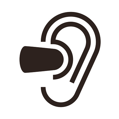 Ear and earplugs. Noise symbol isolated on white background