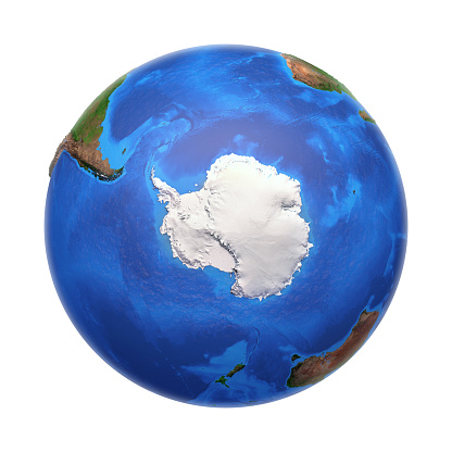 Antarctica continent viewed from a satellite. Physical map of South Pole. 3D illustration of planet Earth isolated on white, with high bump effect (using Blender Software) - Elements of this image furnished by NASA (https://eoimages.gsfc.nasa.gov/images/imagerecords/73000/73776/world.topo.bathy.200408.3x5400x2700.jpg).