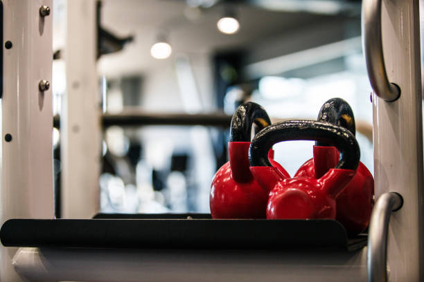 istock Copy space of kettlebells ready to be used in a strength training workout 1211967282
