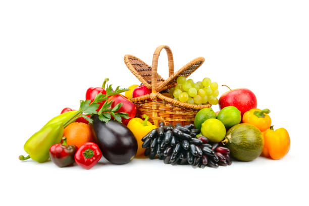 istock Bright fruits and vegetables in willow basket 1211968054