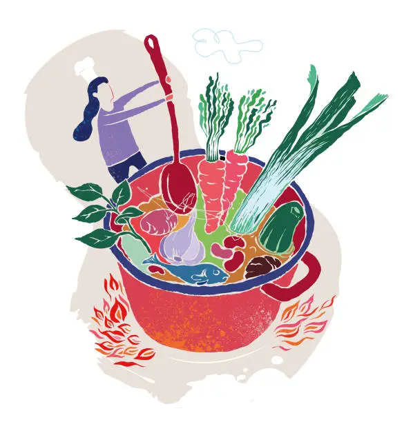 Vector illustration of cooking, cooking pot, healthy vegetables - vector illustration