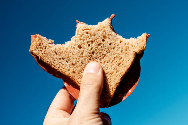 bitten vegan salami sandwich in the hand