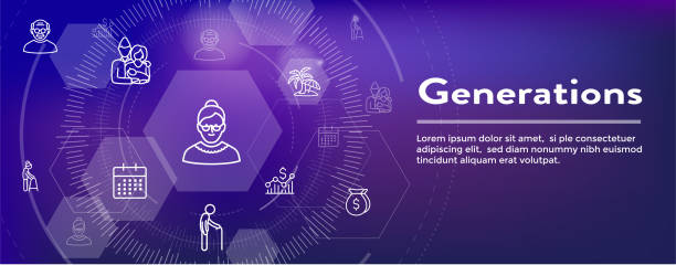 Generations and Aging Web Header Banner and Icon Set Generations Aging Web Header Banner and Icon Set gen-x-icon stock illustrations