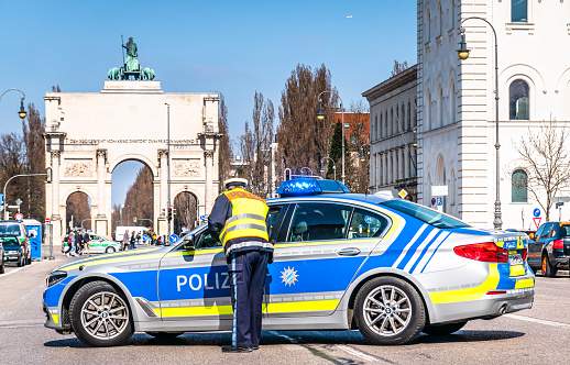 Munich, Germany - March 29: Police Car at a demonstration in Munich, Ludwigstrasse on March 29, 2019