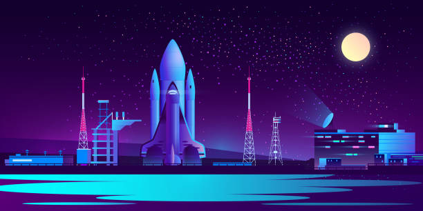 Vector spaceport, base at night with rocket Vector spaceport at night with rocket, control room and radio tower. Science cosmic base, rocket or spaceship ready to launch in ultra violet colors on full moon background. Technology concept. spaceport stock illustrations