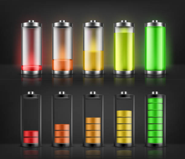 Vector set of battery charge indicators Vector set of battery charge indicators with low and high energy levels isolated on background. Full charged and discharged accumulators with colorful glow. Icons for gadget interfaces, mobile apps animals charging stock illustrations