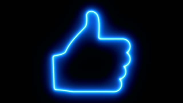 Thumbs up animation. Like icon for social network. Neon illumination. Human hand gesture. 4K video.