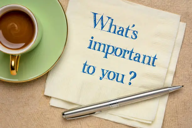 What is important to you? Handwriting on a napkin with coffee. Lifestyle, career and personal development concept.
