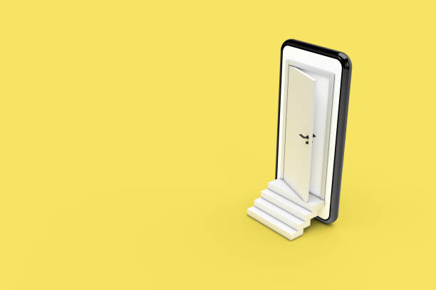 istock 3D Rendering Open Door from Smart Phone Screen with Stairs on Colored Background 1211980281