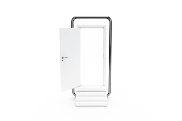 istock 3D Rendering Open Door from Smart Phone Screen with Stairs 1211980361