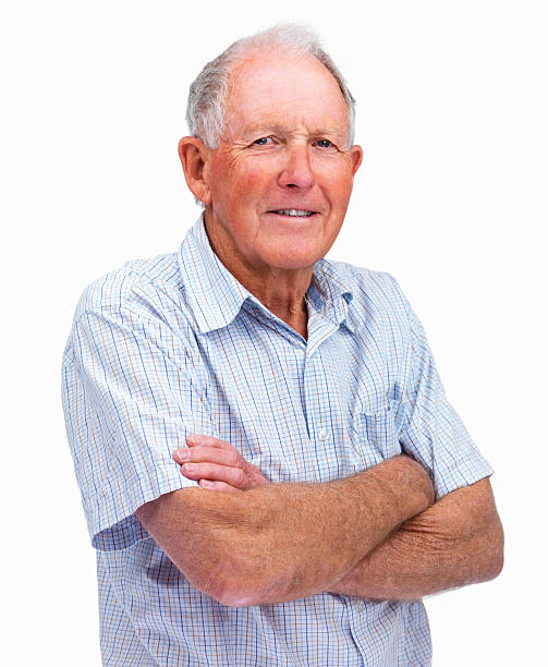 istock Happy elderly man with hands folded isolated against white 121198080