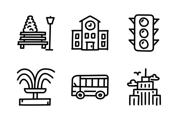 ilustrações de stock, clip art, desenhos animados e ícones de city doodle drawing - street furniture traffic lighting equipment urban scene