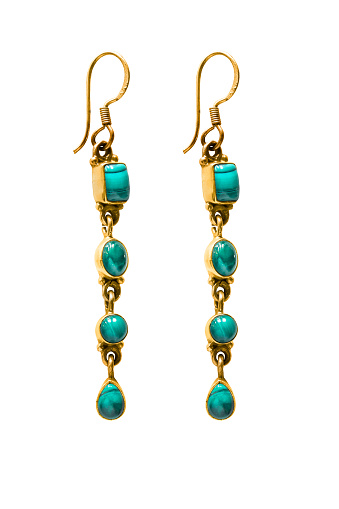 Vintage turquoise gold drop earrings isolated over white