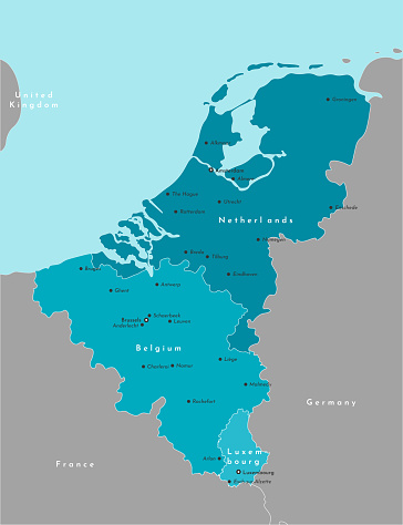 Vector modern illustration. Simplified political map of states of Benelux Union and neighboring areas. Blue background of North Sea. Names of largest cities of Belgium, Netherlands, Luxembourg.